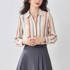 批发彩色条纹衬衫上衣<b class='q'>女长袖</b>2026春秋设计感小众复古缎面衬衣女显瘦