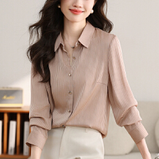 批发2026春季洋气高级感缎面白色条纹衬衫<b class='q'>女长袖</b>新款百搭垂感职业衬衣