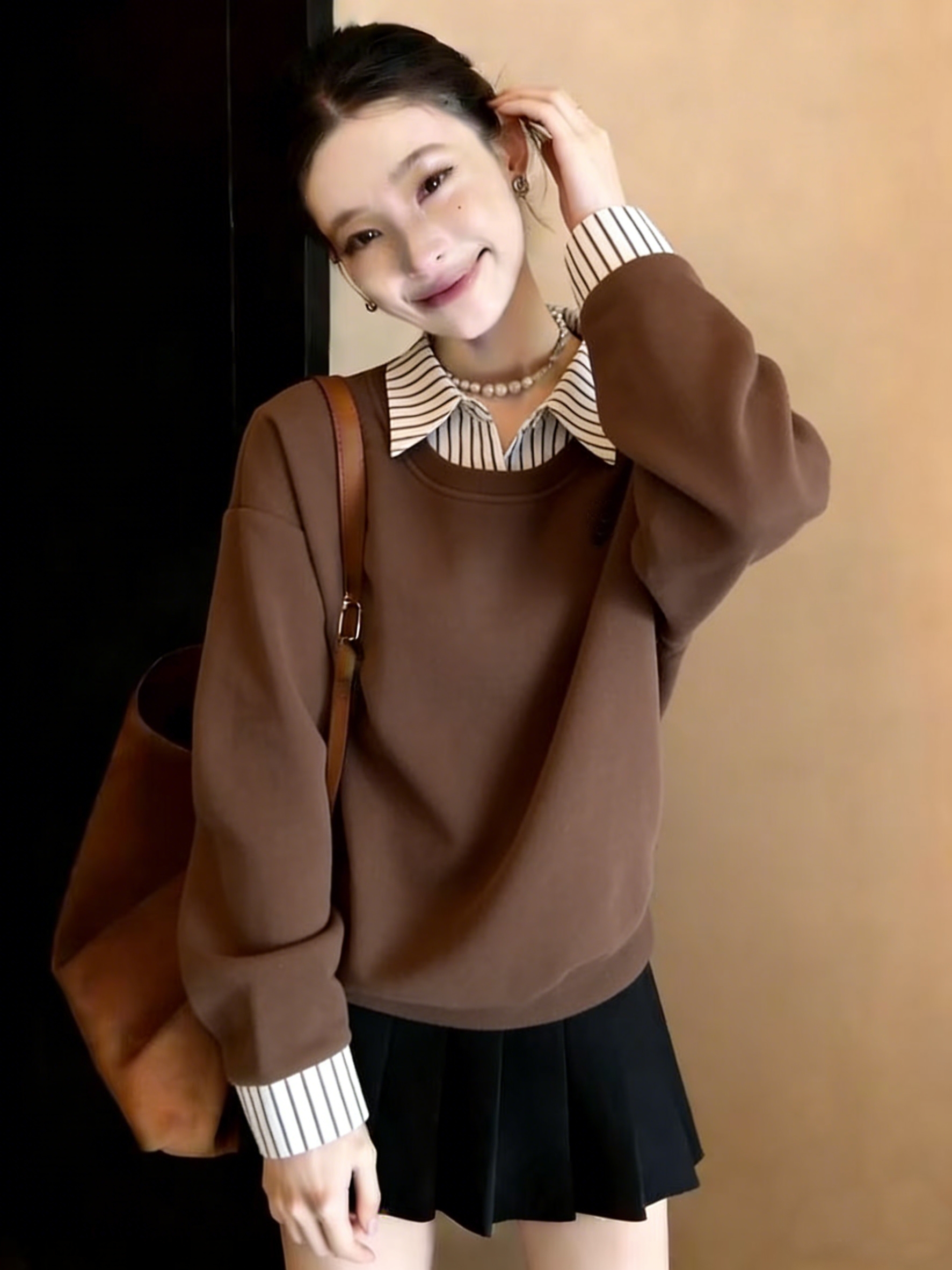 실사 편안함 빛 캐주얼 후드티 26 봄 새로운 패션 디자인 패치워크 스트라이프 다용도 슬림해 보이는 여성 후드티