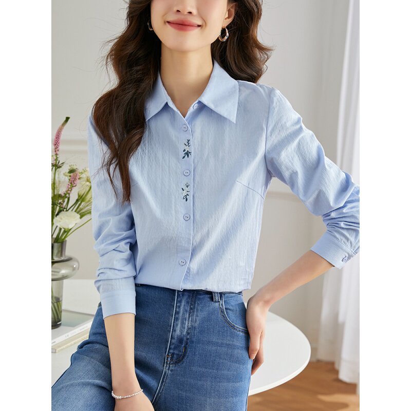 파란색 셔츠 여성 긴 소매 2026 봄 새로운 출퇴근 직장 바람 ol 다용도 면 소재 셔츠 맨위