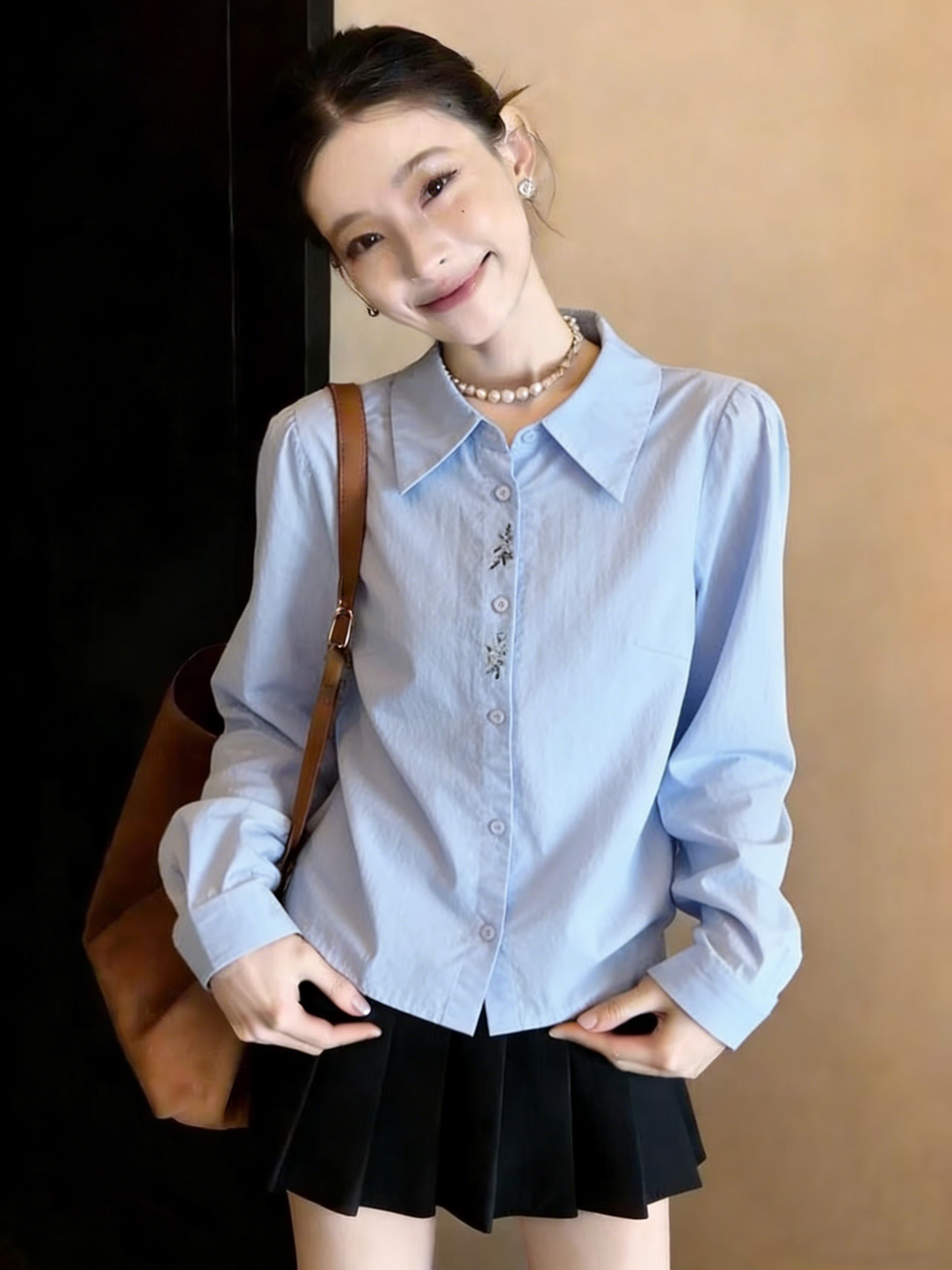 실사 2026 년 새로운 꽃무늬 자수 셔츠 새로운 한국 스타일 클래식 절묘한 질감 단색 여성 셔츠