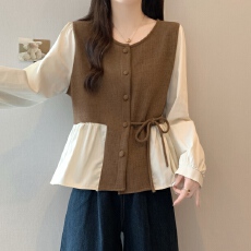 批发大码女装假两件拼接长袖衬衫设计感时尚显瘦宽松系带上衣