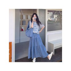 批发韩系ins风字母T恤格子半身裙套<b class='q'>装</b>女2025夏季新款学院风减龄两件套