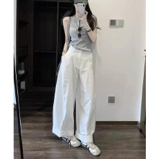 批发白色高腰薄款2026新款夏日穿搭松弛感<b class='q'>套装</b>灰色背心裤子两件套女