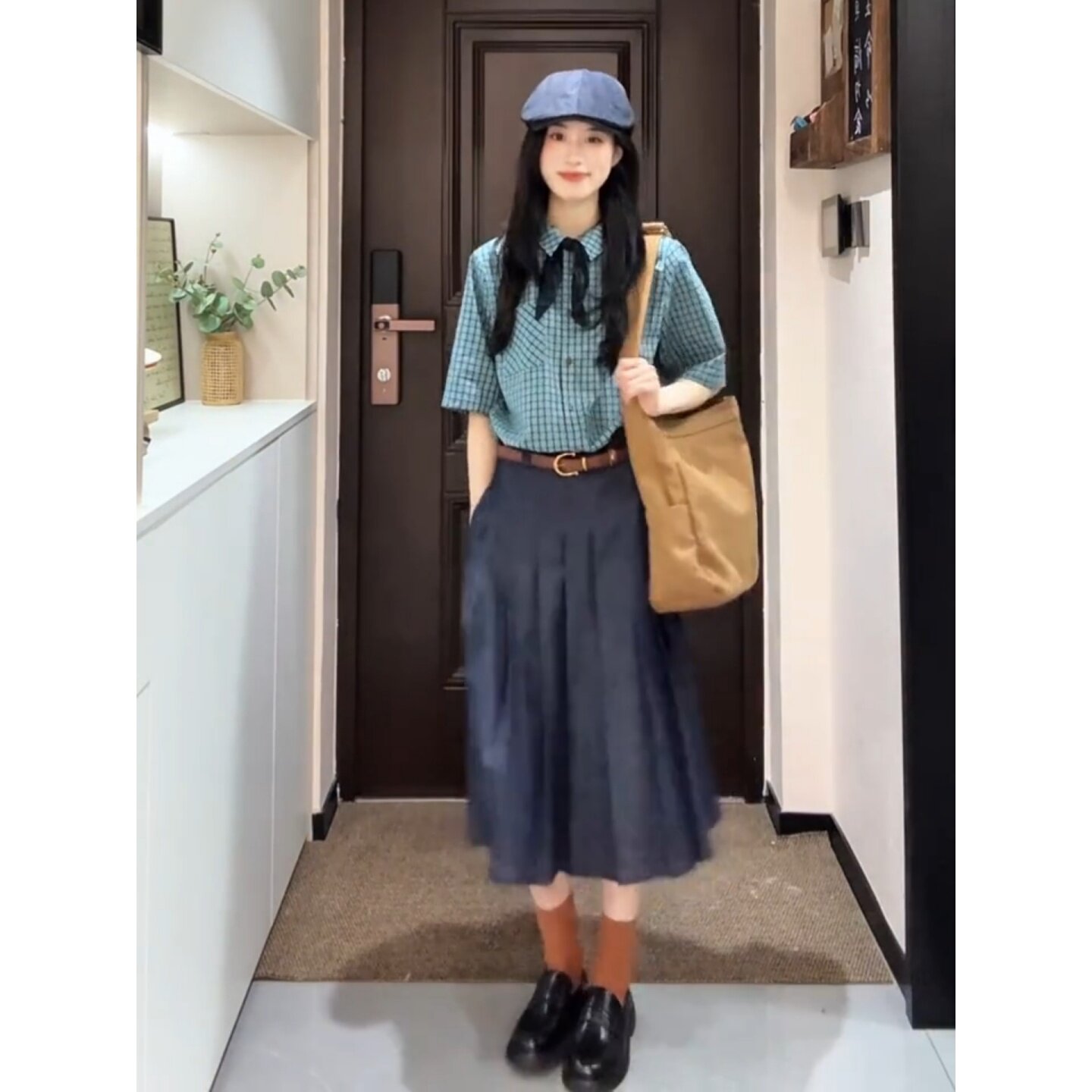 일본식 학원 스타일 녹색 체크무늬 반팔 여성 셔츠 여름 세트 캐주얼 품격 레트로 루즈핏 아름다운 투피스 세트