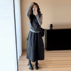 批发早秋松弛感穿搭针织<b class='q'>背心</b>长袖<b class='q'>打底</b>灰色半身裙显瘦三件套