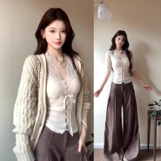 批发秋季穿搭一整套大码胖mm针织开衫<b class='q'>蕾丝</b>内搭阔腿裤高级<b class='q'>感</b>三件套装<b class='q'>女</b>