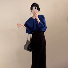 批发早秋搭配一整套大码胖mm蓝色<b class='q'>衬衫</b>鱼尾半身裙韩系独特好看套装裙女