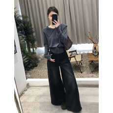 批发秋日穿搭一整套大码胖mm娃娃领针织上衣牛仔裤高级时尚绝美套装女