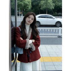 批发红色毛领毛呢外套女冬季大码胖mm独特超好看气质新年战袍呢子大衣