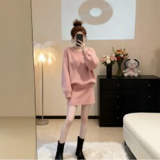 批发春季搭配一整套大码胖mm粉色针织毛衣短裙子温柔风新年战袍套装女