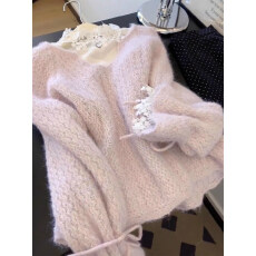 批发春秋穿搭一整套<b class='q'>大码</b>胖mm粉色针织衫蕾丝内搭多巴胺甜美叠穿套装女