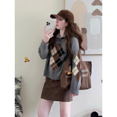 批发春秋穿搭一整套<b class='q'>大码</b>胖mm菱格针织毛衣短裙韩系复古休闲两件套装女