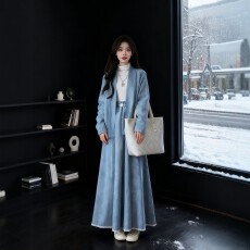 批发春秋搭配一整套<b class='q'>大码</b>胖mm蓝色加绒毛呢外套半身裙高级感独特套装女