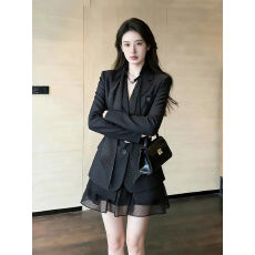 批发春季穿搭一整套大码<b class='q'>胖</b><b class='q'>mm</b>黑色西装<b class='q'>外套</b>波点短裙轻熟御姐高级套装女