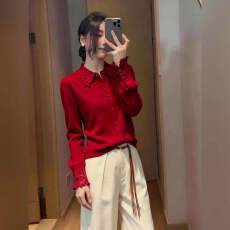 批发法式气质轻奢风长袖<b class='q'>红色</b>针织<b class='q'>上衣</b>女2026春季新款显瘦单排扣打底衫