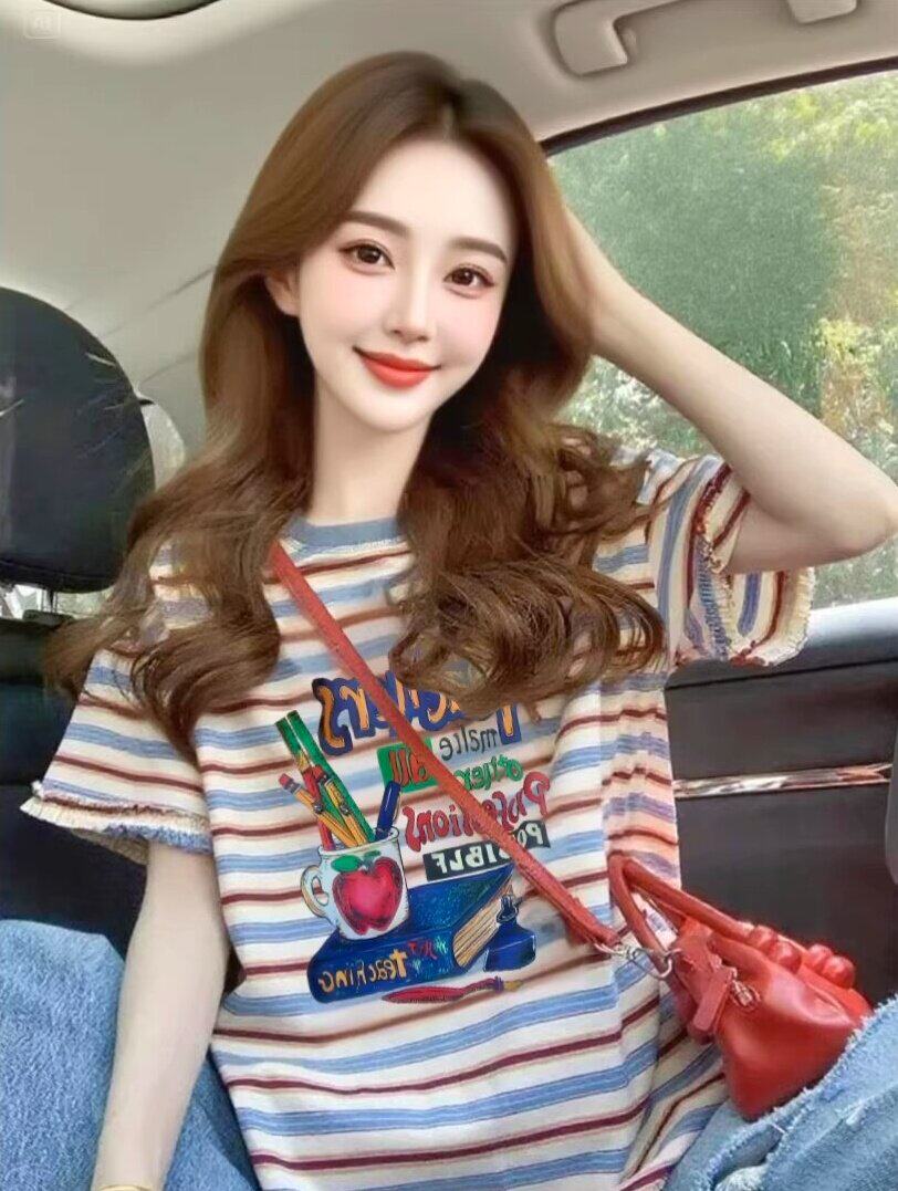 알파벳 프린트 스트라이프 반팔 티셔츠 여성 의류 여름 빅 사이즈 지방 mm 루즈핏 슬림해 보이는 캐주얼 연령 감소 잘 생긴 맨위