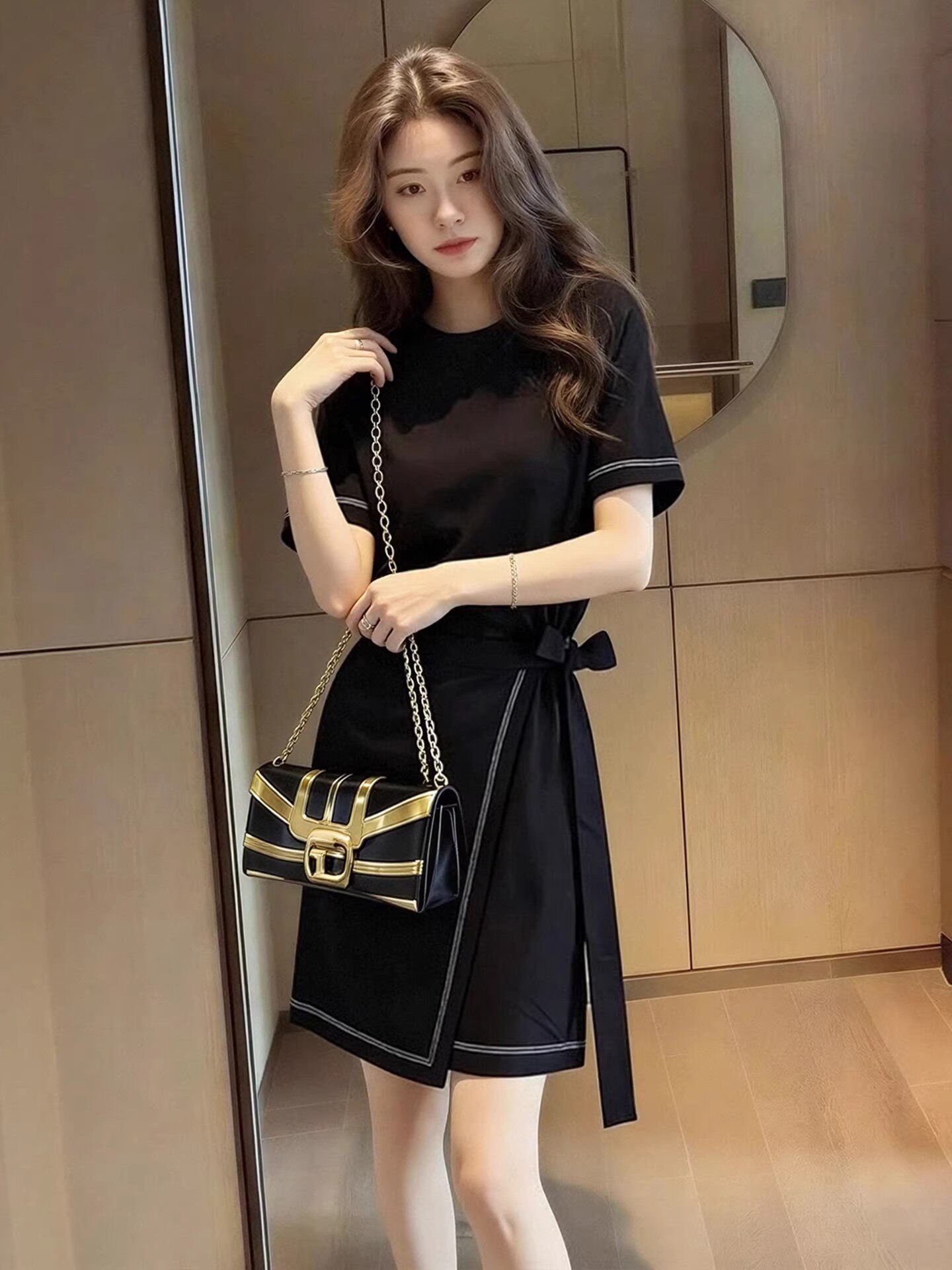 프랑스식 품격 고급 하오 벤 바람 검정색 여성 드레스 여름 2026 새로운 디자인 센스 불규칙 티셔츠 치마