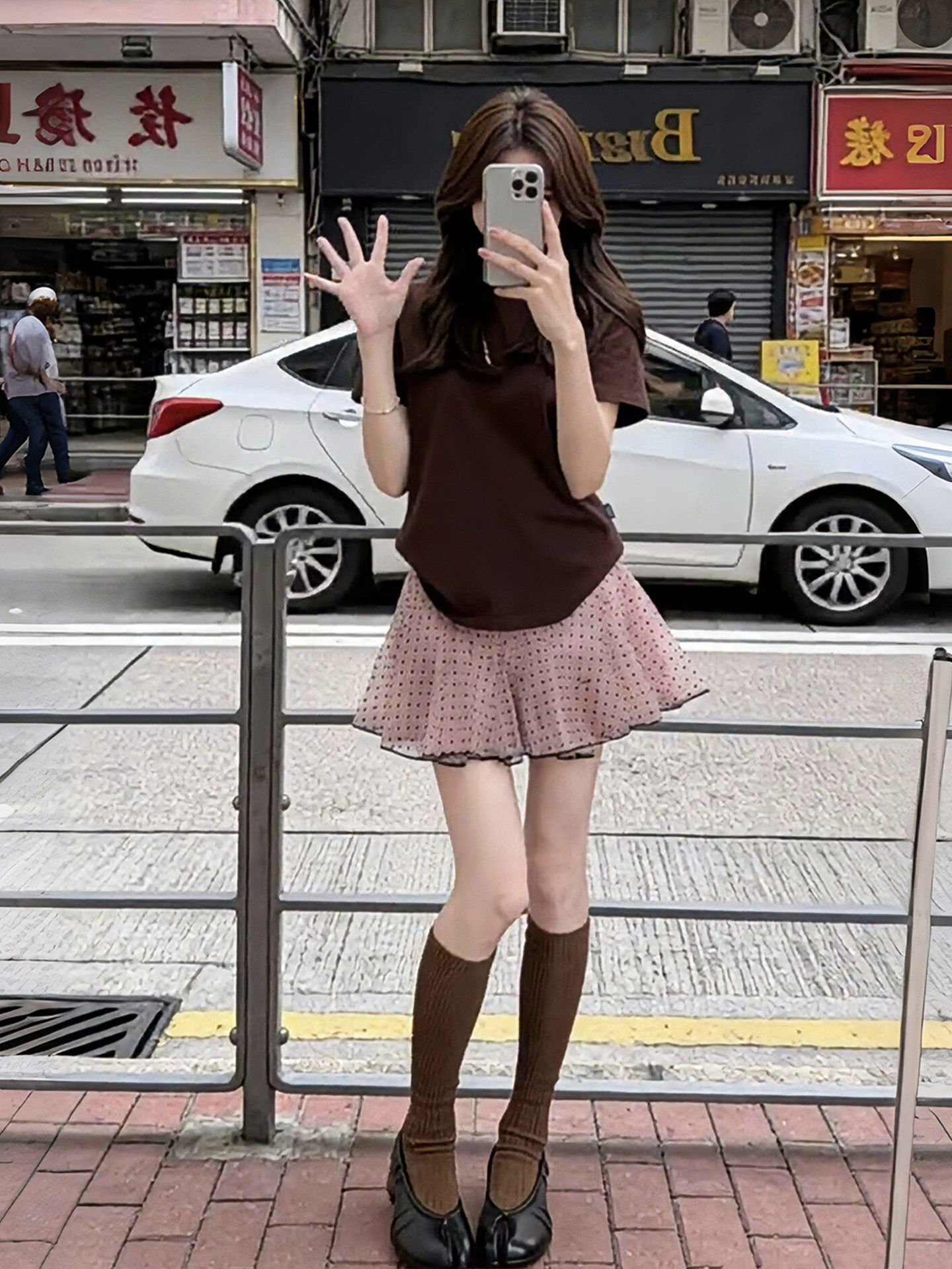 여름 연령 감소 착용 가져 가라. 전체 집합 한 부서 커피 색상 반팔 티셔츠 맨위 도트 무늬 반신 스커트 자이언트 잘 생긴 세트 여성