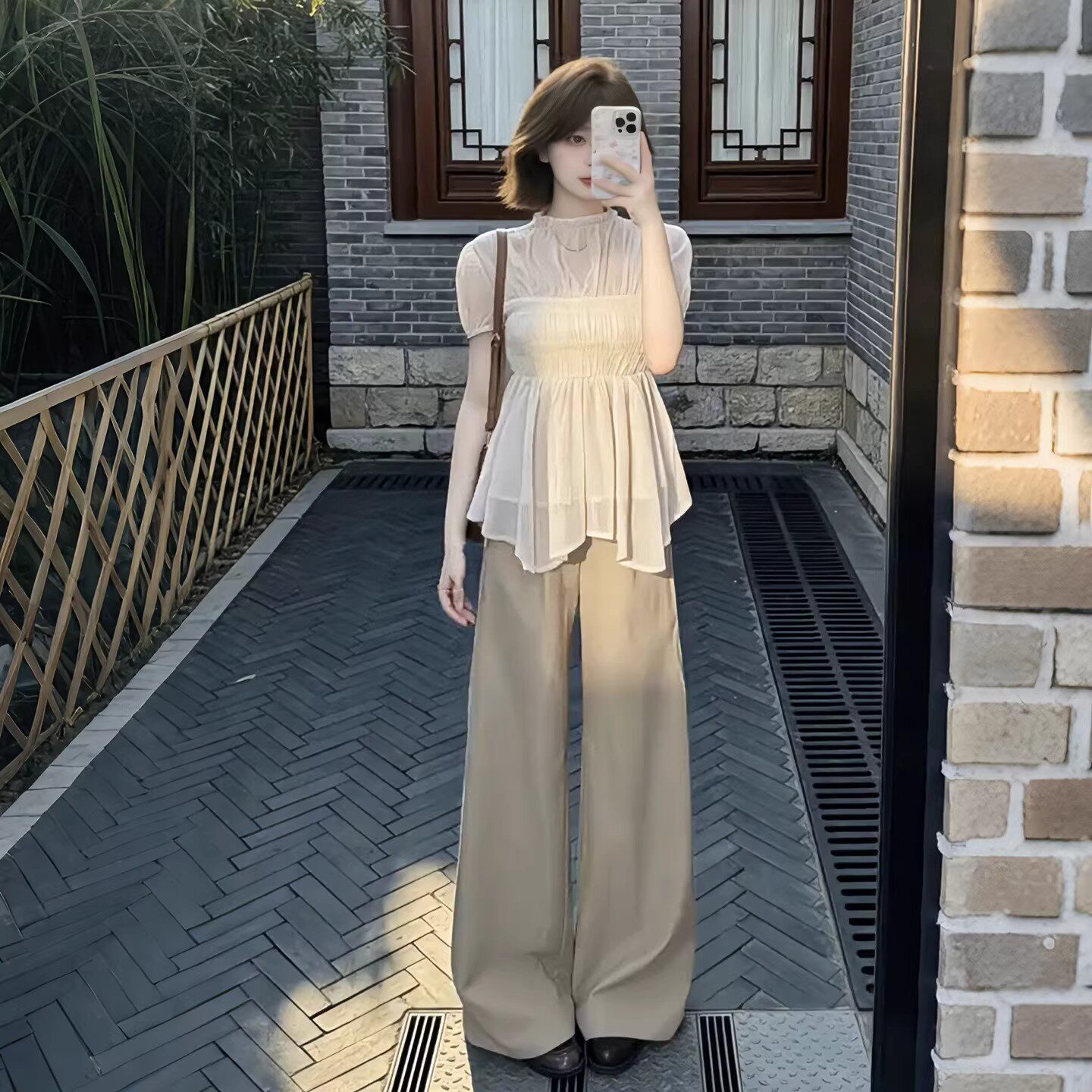 여름 착용 가져 가라. 전체 집합 빅 사이즈 지방 mm 쉬폰 블라우스 맨위 와이드 레그 팬츠 빛 사람들 코치 달콤함 투피스 슈트 여성