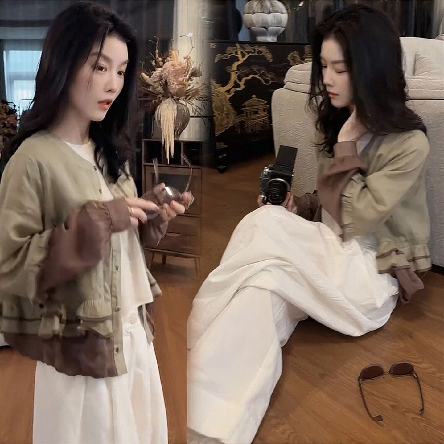 2026 여름 문예 바람 페이크 레이어드 긴팔 셔츠 하이웨이스트 와이드 레그 팬츠 어린이 느슨함 센스 슬림해 보이는 투피스 슈트 여성