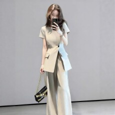 批发夏季穿搭一整套<b class='q'>大码</b>胖mm收腰短袖西装上衣阔腿裤通勤风时尚套装女