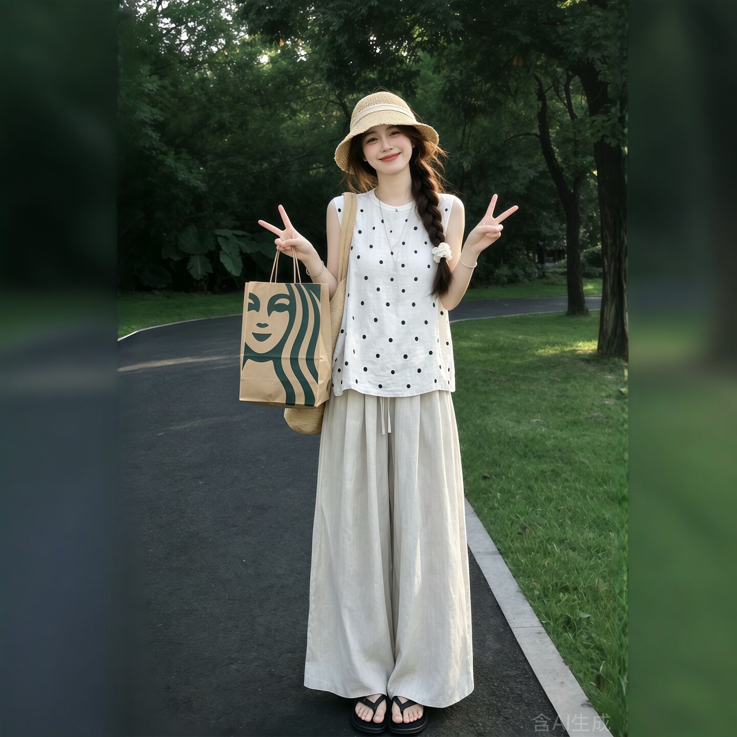 여름 코디 전체 집합 빅 사이즈 지방 mm 도트 무늬 조끼 맨위 와이드 레그 팬츠 느긋한 느슨함 센스 캐주얼 세트 여성