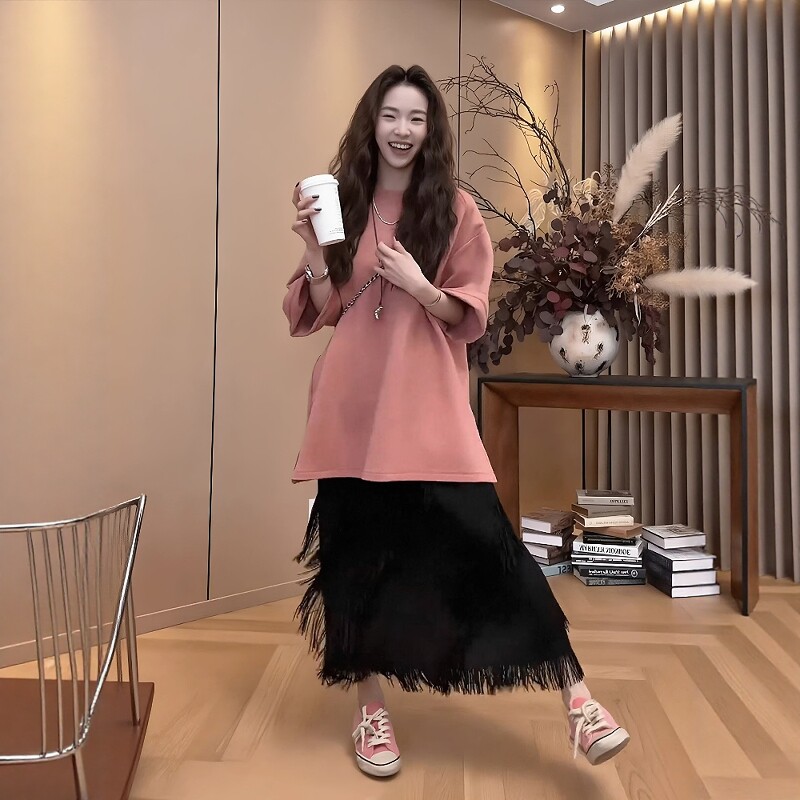 초여름 착용 가져 가라. 전체 집합 한 부서 새로운 루즈핏 슬림해 보이는 반팔 맨위 술 반신 스커트 고유 한 Chic 세트