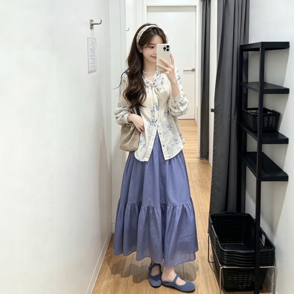 여름 드레스 코디 전체 집합 빅 사이즈 지방 mm 한 부서 부드러운 바람 보라색 꽃무늬 긴팔 셔츠 반신 치마 세트 여성