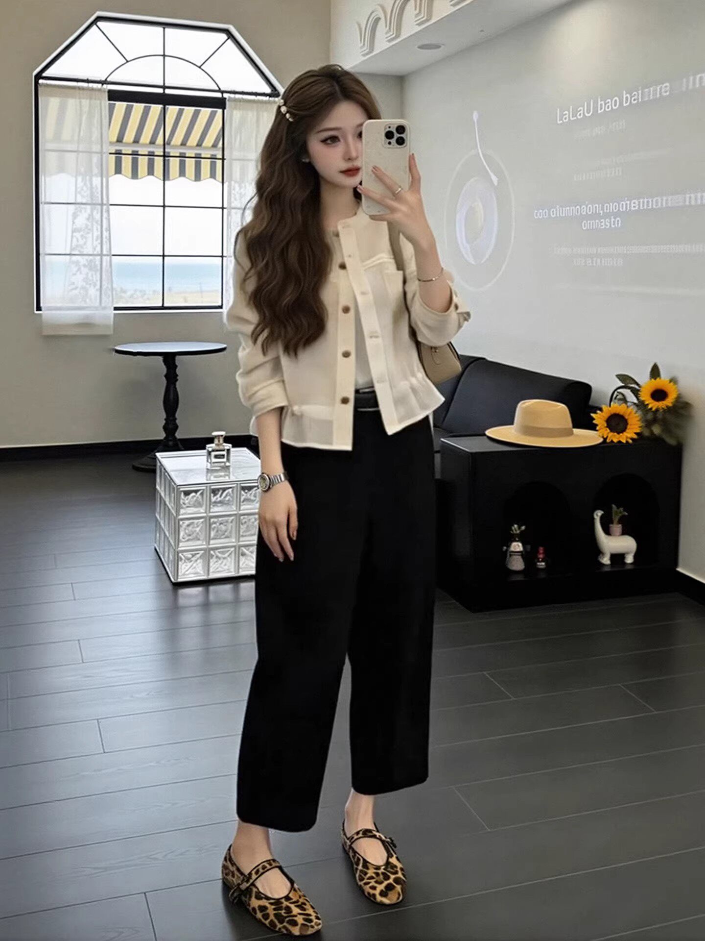 봄 착용 가져 가라. 전체 집합 빅 사이즈 지방 mm 얇은 스타일 카디건 코트 조끼 와이드 레그 팬츠 자이언트 잘 생긴 세 조각 세트 여성