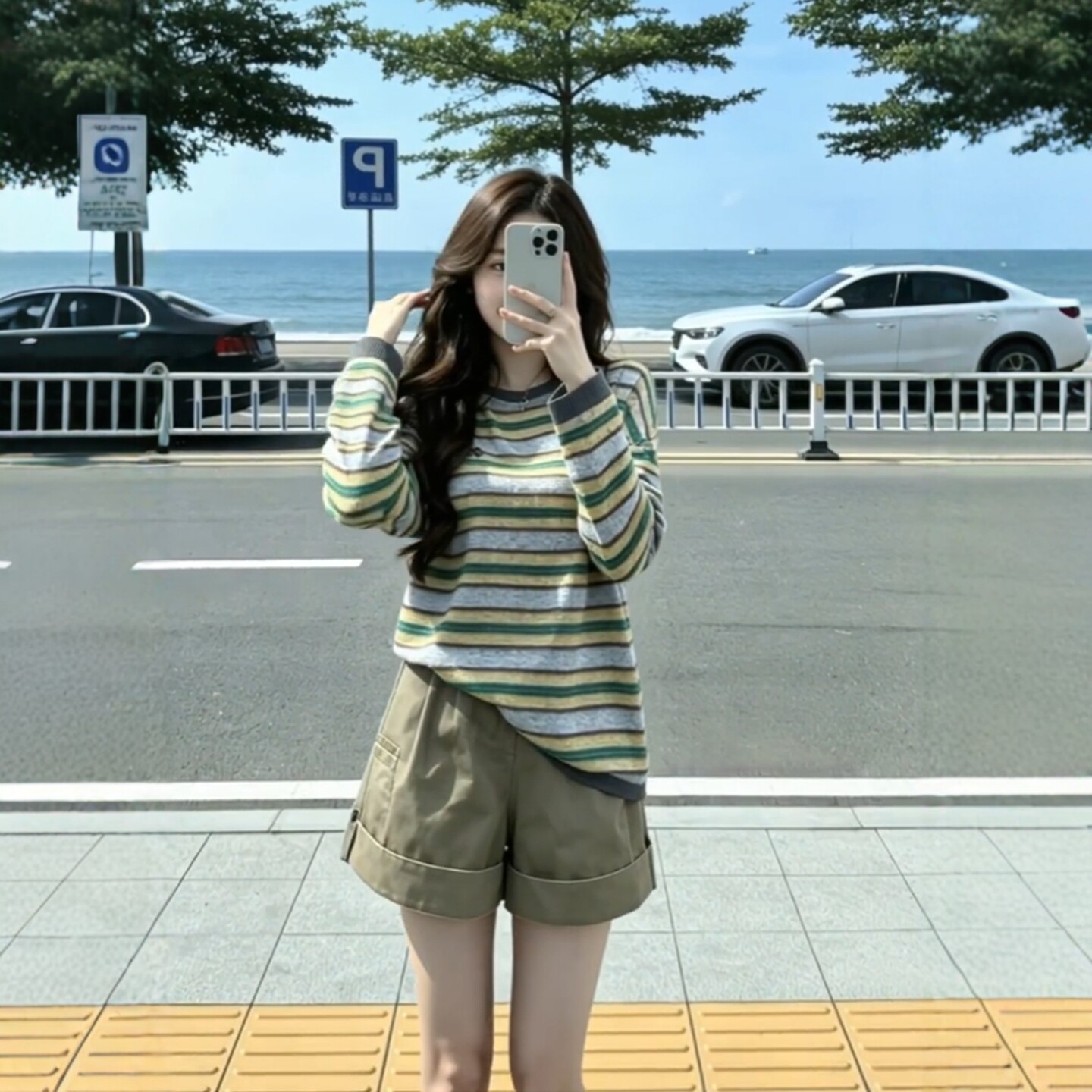 이른 봄 전체 집합 ootd 착용 가져 가라. 레트로 스트라이프 라운드 넥 긴팔 니트 스웨터 맨위 워크웨어 팬츠 투피스 슈트 여성