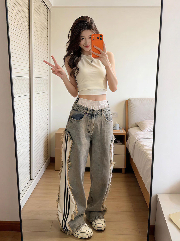 여름 ootd 전체 집합 디자인 센스 민소매 캐미솔 맨위 불규칙 하이웨이스트 캐주얼 바지 세트 여성