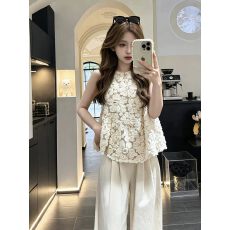 批发夏日绝美俏皮小套装立体花朵无袖上衣阔腿裤独特漂亮好看两件套女