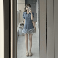批发夏季新款格纹衬衫裙女时尚网纱拼接小众设计感绝美不撞款<b class='q'>连衣裙</b>
