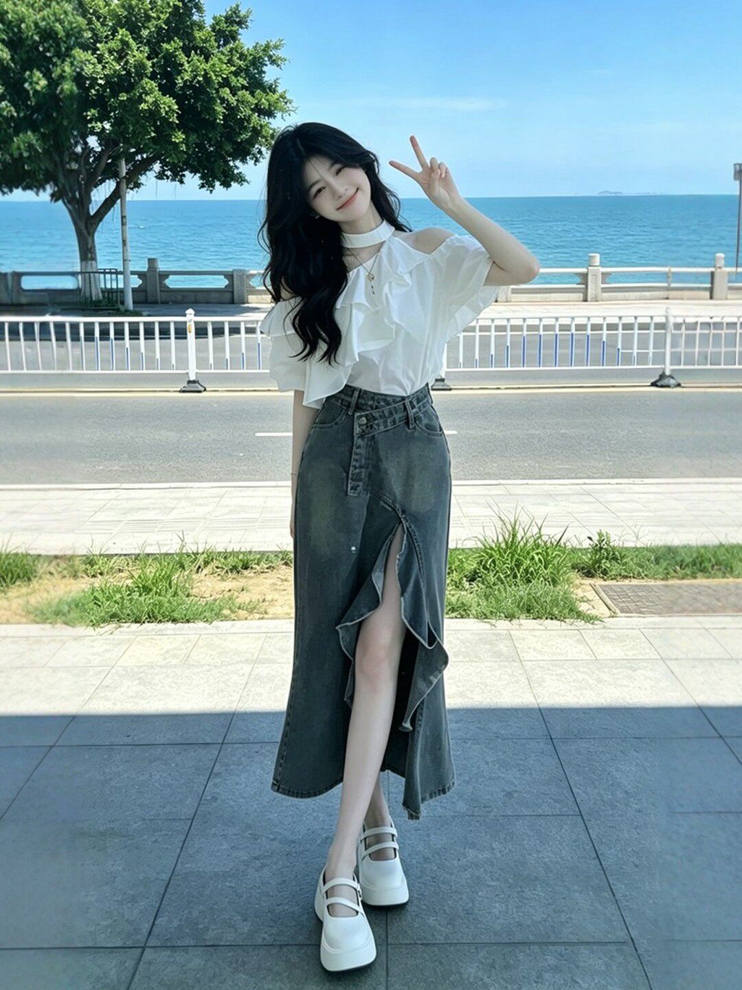 여름 착용 가져 가라. 전체 집합 빅 사이즈 지방 mm 오프숄더 맨위 트임 데님 반신 스커트 로얄 자매 고급 센스 세트 여성