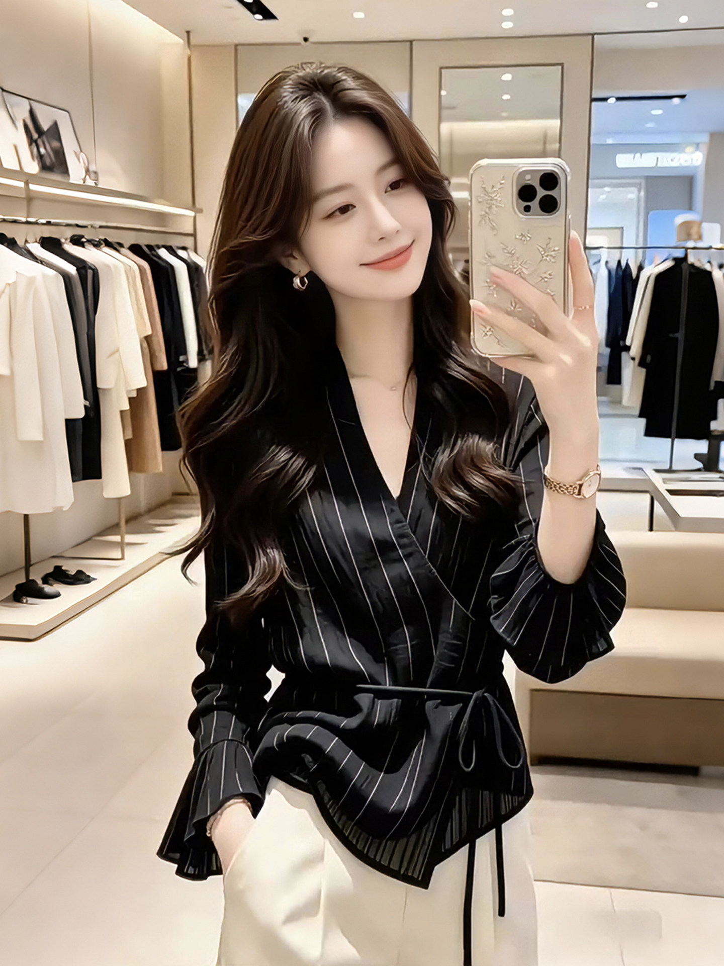 2026 초여름 새로운 프랑스식 고급 센스 V넥 검정색 스트랩 스트라이프 여성 셔츠 외국 가스 연령 감소 품격 맨위