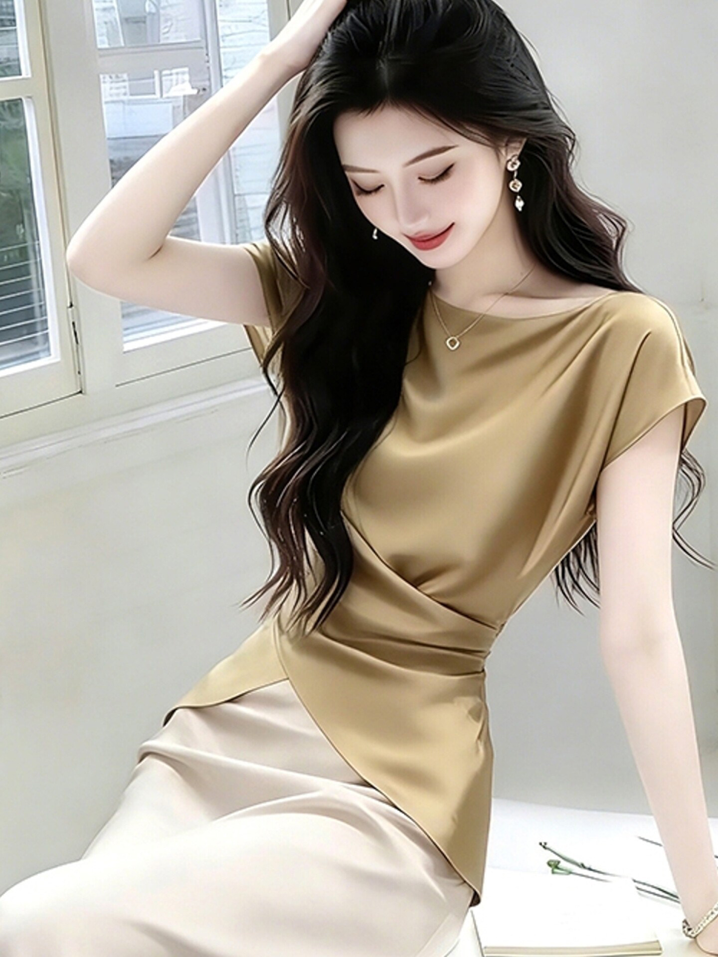 여름 전체 집합 여성 의류 품격 고급 센스 세련된 외국 가스 카키 색 새틴 맨위 반신 치마 세트 패션