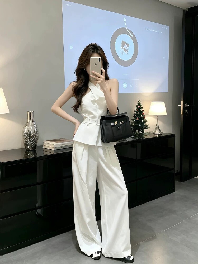 여름 착용 가져 가라. 전체 집합 고급 대기 여신 팬 품격 연령 감소 민소매 행침 목 맨위 와이드 레그 팬츠 투피스 세트