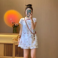批发夏日超火一整套胖mm新中式国风刺绣提花上衣短<b class='q'>裤</b>子气质温柔风套装