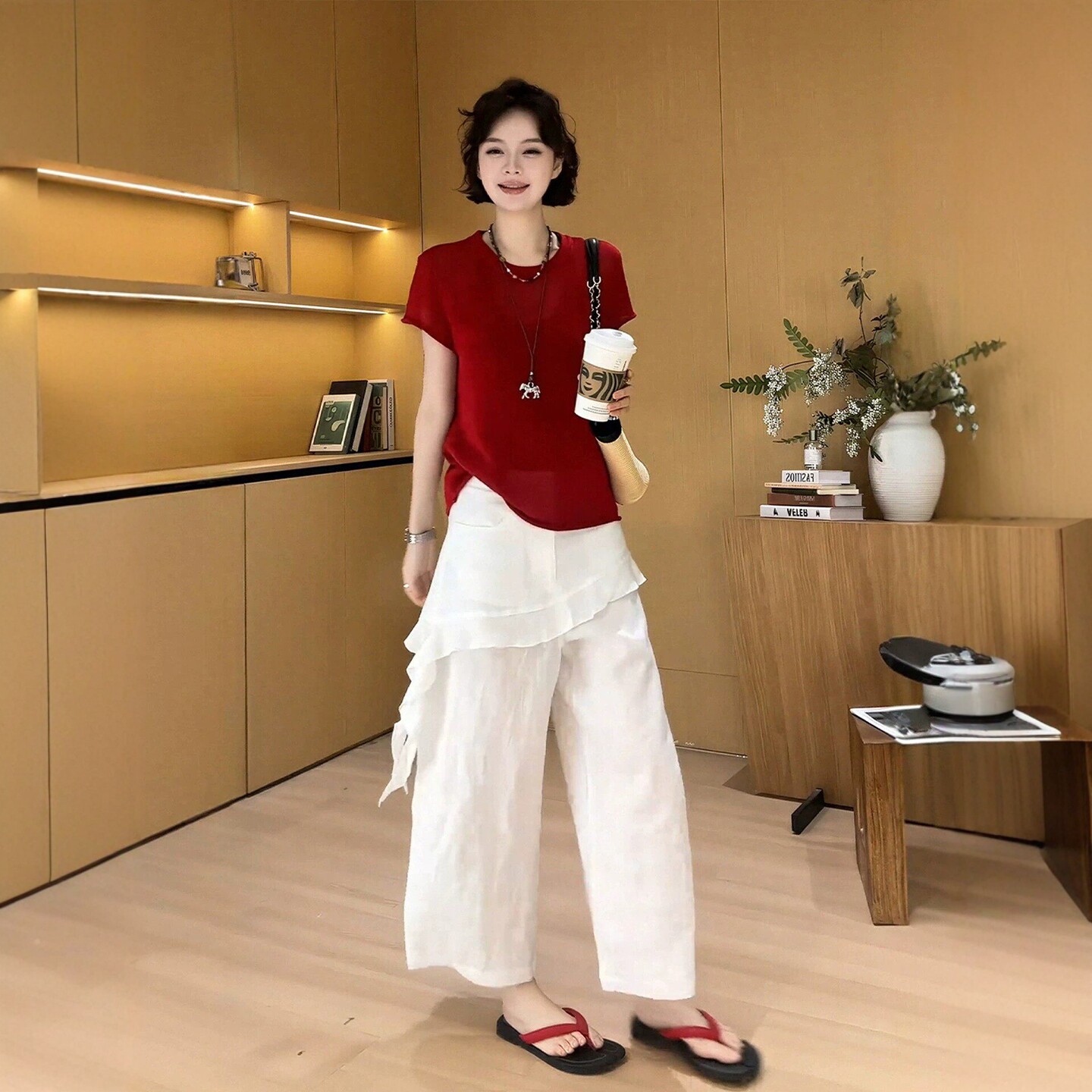 여름 착용 가져 가라. 전체 집합 빅 사이즈 지방 mm 빨간색 반팔 니트 스웨터 캐주얼 와이드 레그 팬츠 한 부서 잘 생긴 세트 여성
