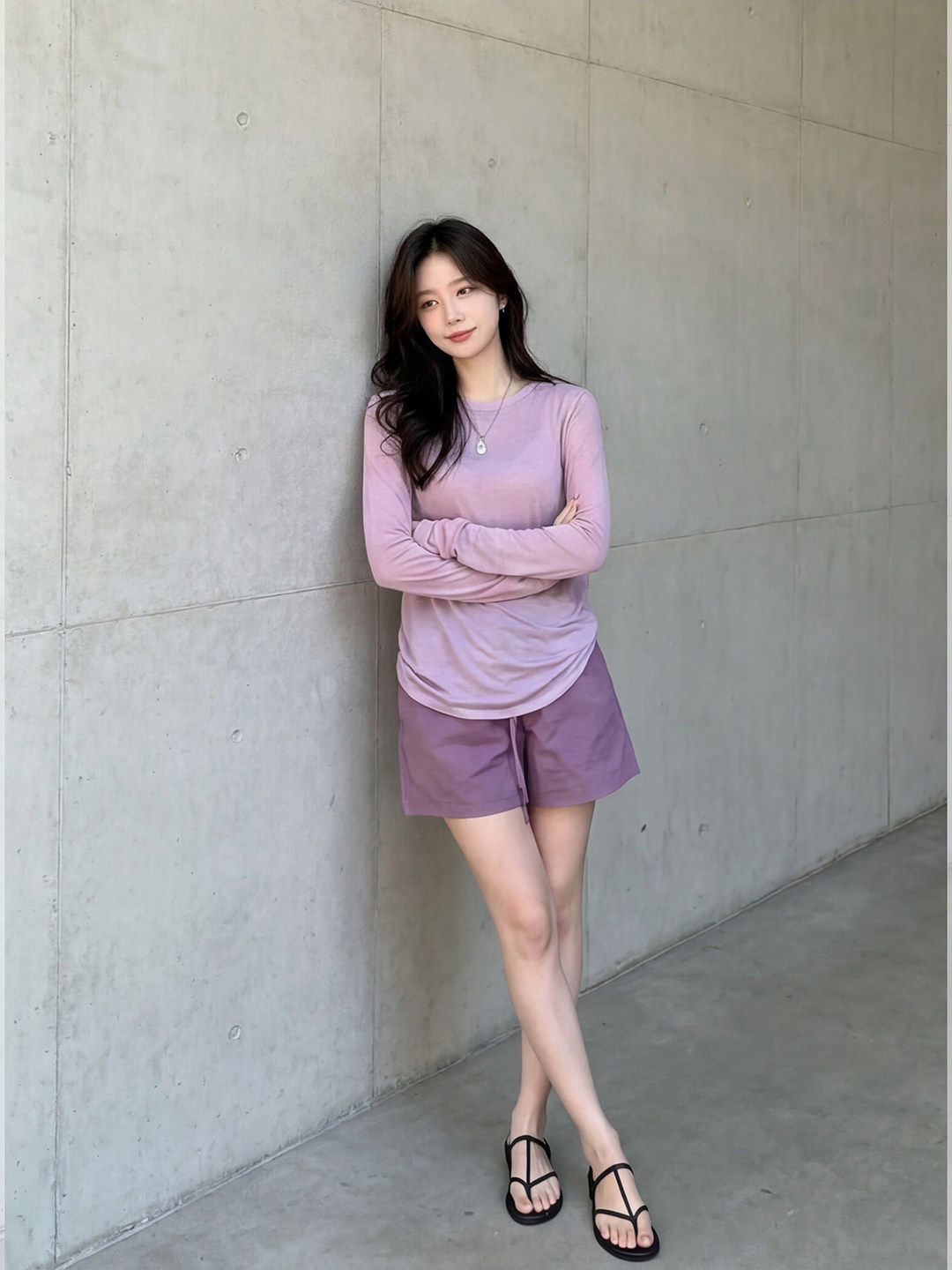 여름 코디 전체 집합 빅 사이즈 지방 mm 보라색 긴팔 티셔츠 맨위 반바지 느슨함 센스 자이언트 잘 생긴 세트 여성