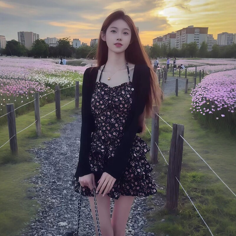 여름 착용 가져 가라. 전체 집합 지방 mm 한 부서 검정색 자외선 차단 니트 오픈 가디건 꽃무늬 슬립 드레스 자이언트 잘 생긴 세트 여성