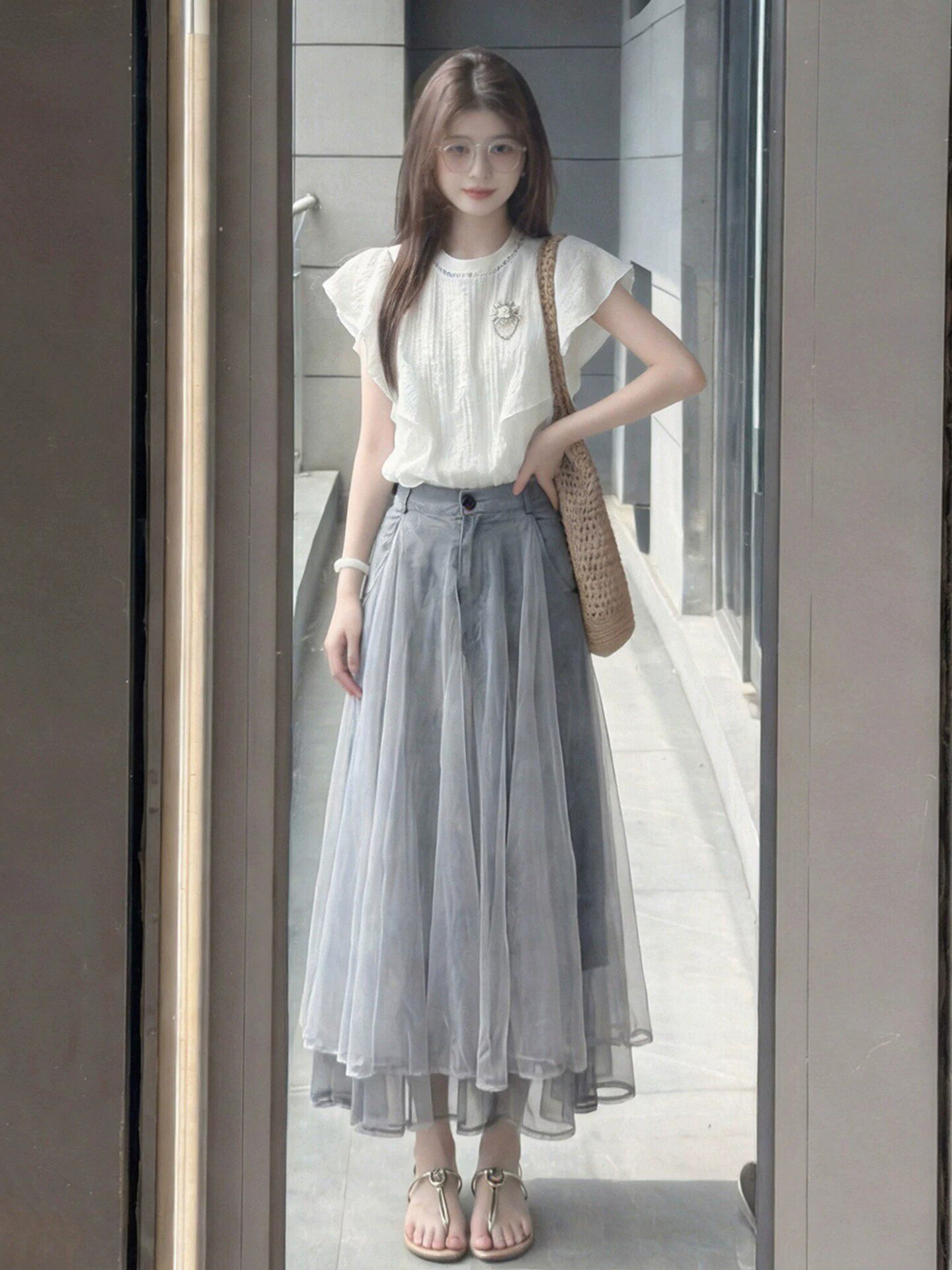 여름 착용 가져 가라. 전체 집합 프랑스식 프릴 맨위 망사 데님 반신 스커트 고유 한 아름다운 품격 세트 여성