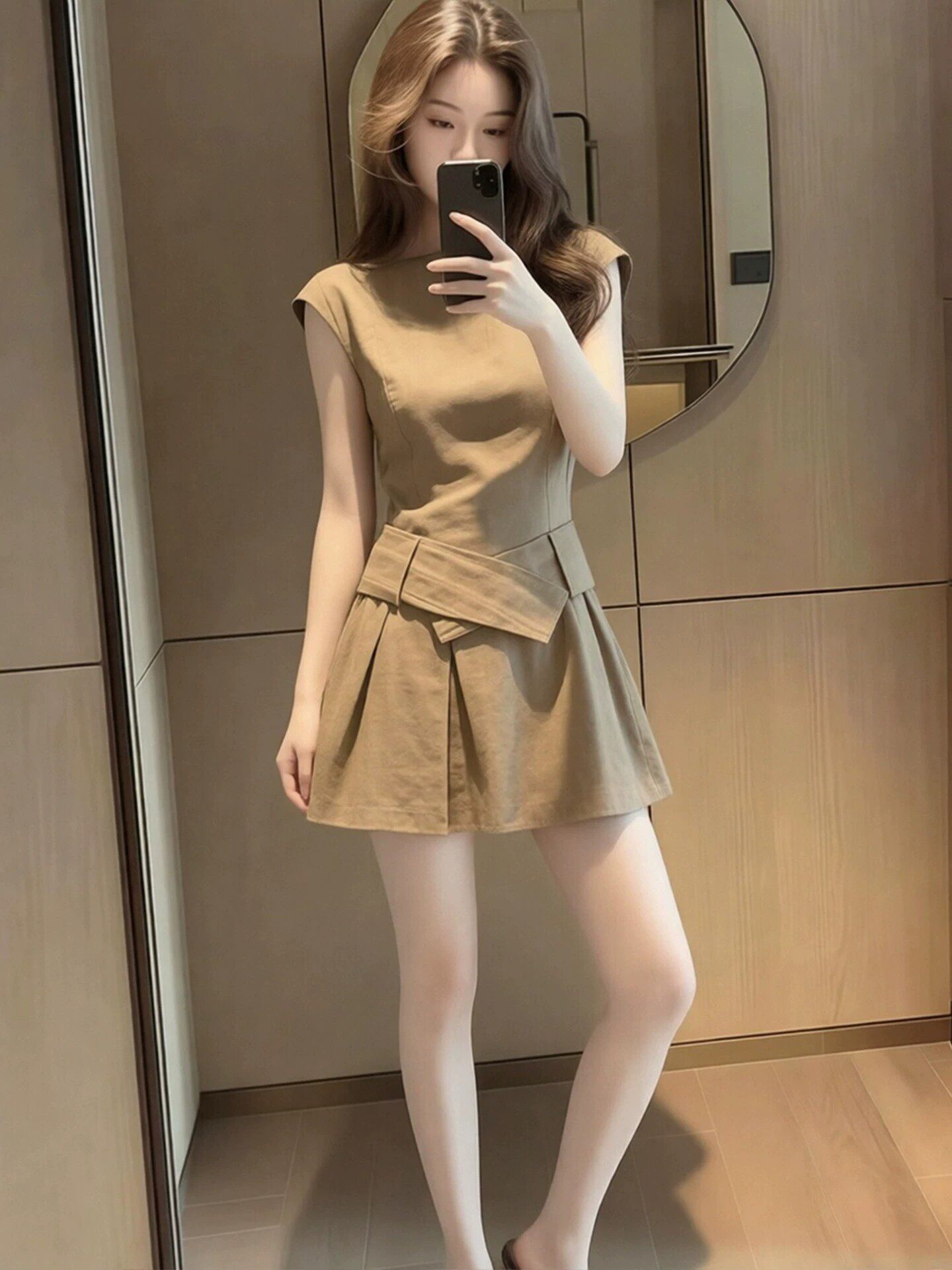 프랑스식 레트로 체크무늬 브라운 허리 수축 슬림해 보이는 여름 새로운 다용도 짧은 드레스 여성 의류 미니멀리즘 루즈핏 슬림해 보이는