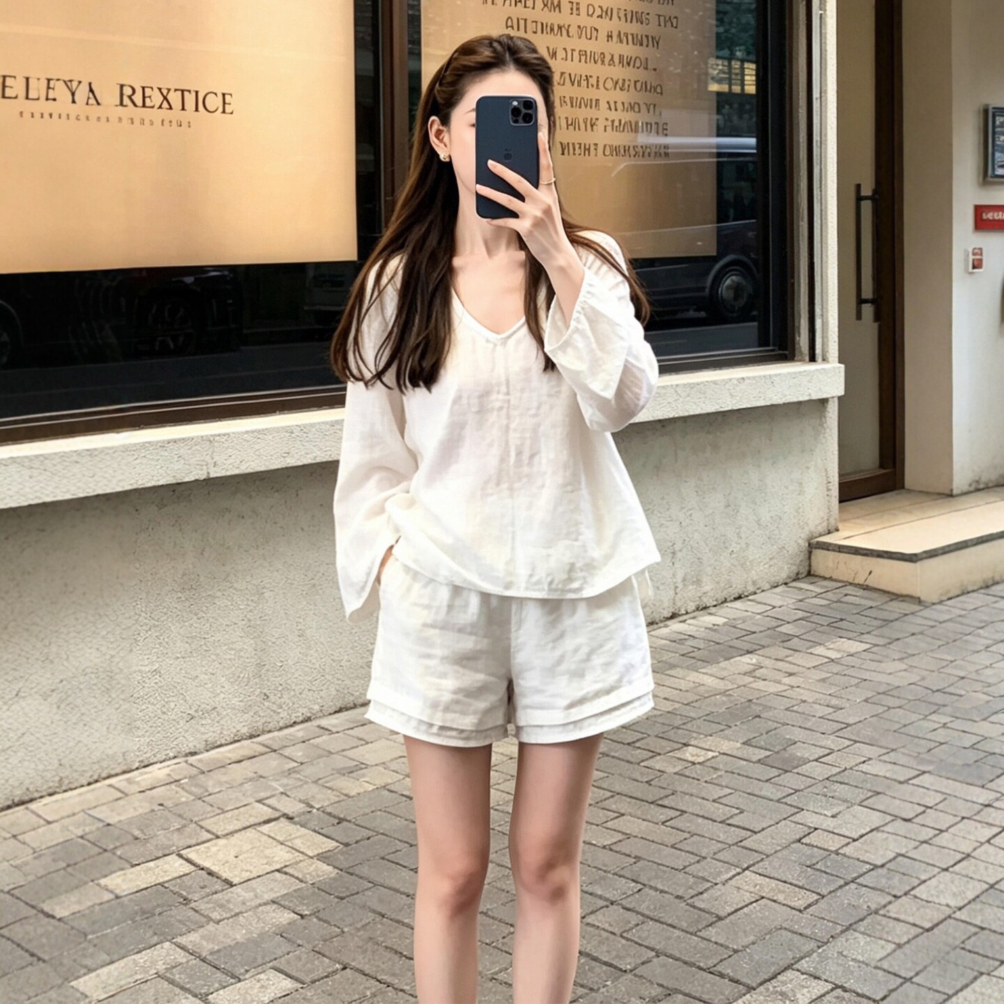 여름 코디 전체 집합 빅 사이즈 지방 mm 화이트 V넥 맨위 반바지 느긋한 바람 고급 센스 품격 세트 여성
