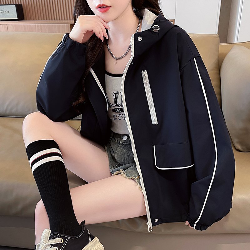 실사 재고 상품 패션 후드 패치워크 색상 여성 코트 봄 가을 새로운 루즈핏 캐주얼 작은 키 쇼트 스타일 바람막이 재킷