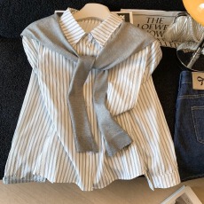 批发韩系条纹衬衫可拆卸<b class='q'>针织</b>披肩假两件设计学院风减龄百搭温柔风<b class='q'>上衣</b>