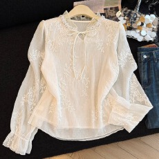 批发实拍温柔风蕾丝系带立领喇叭袖显瘦气质仙女风百搭女上衣