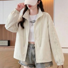 批发实拍立领抽绳菱形格纹外套女2026春款宽松休闲<b class='q'>百搭</b>轻薄透气上衣