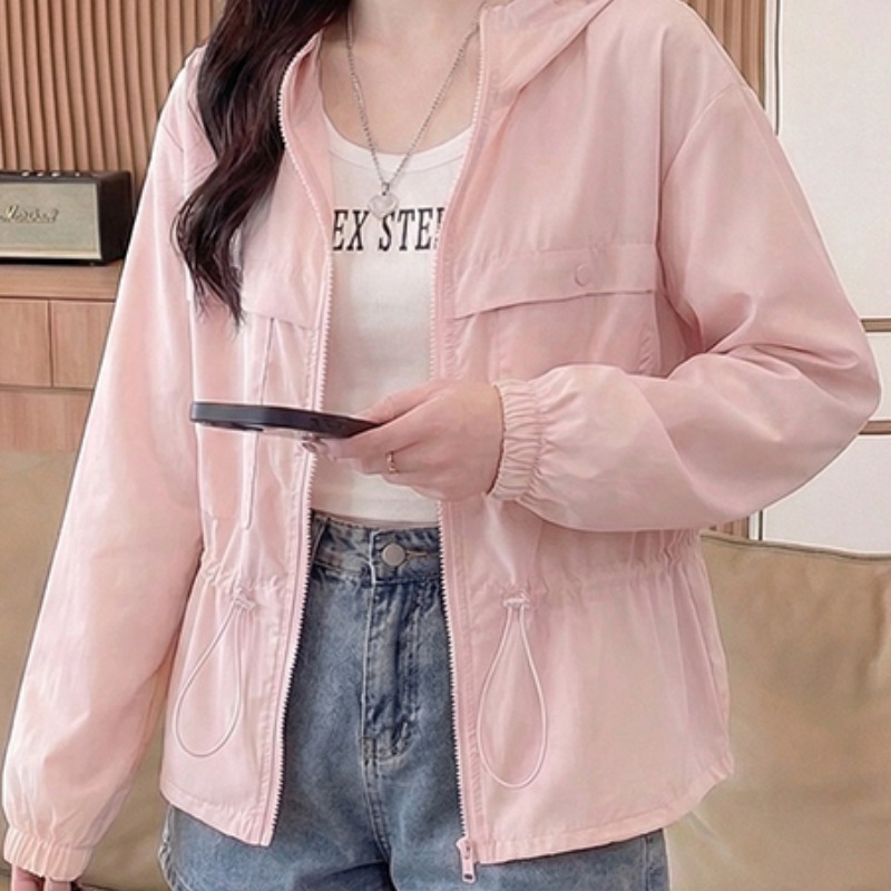 실사 후드 자외선 차단 의류 여성 여름 허리 수축 슬림해 보이는 통기성 얇은 스타일 캐주얼 다용도 쇼트 스타일 자외선 차단 외투